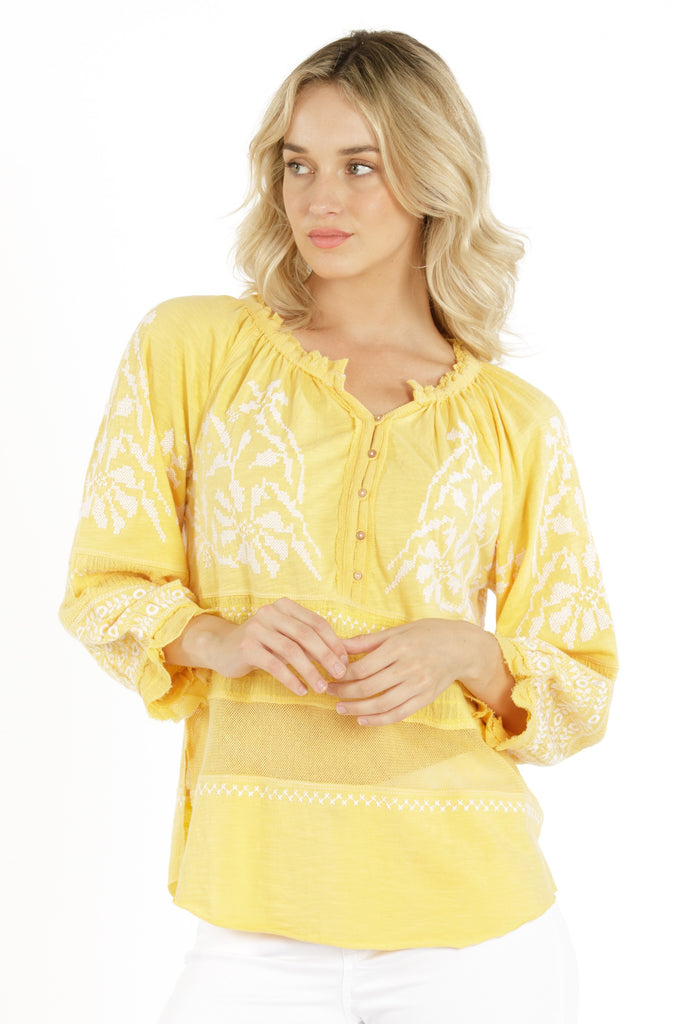 Embroidered Mix Media Peasant Top - Primrose Yellow Front APNY