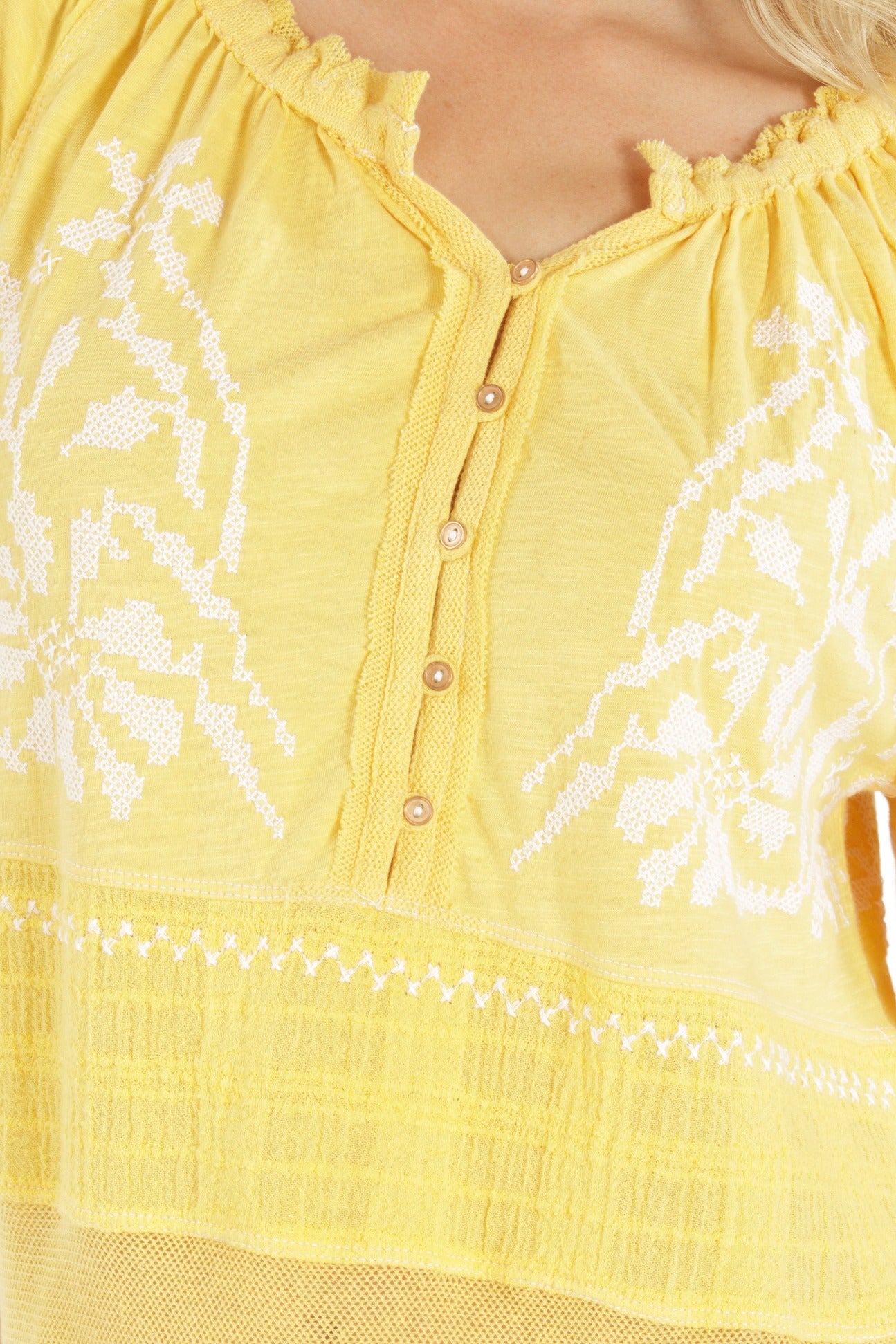 Embroidered Mix Media Peasant Top - Primrose Yellow Neck APNY
