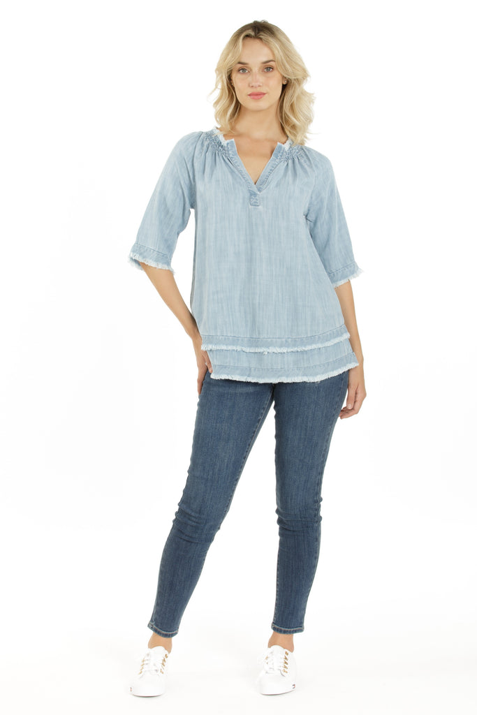 Smock Neck Tunic With Frayed Seams Indigo & White INDIGO Full APNY