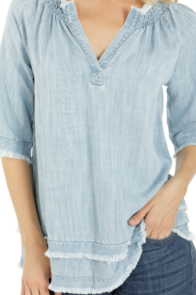 Smock Neck Tunic With Frayed Seams Indigo & White INDIGO Neck APNY