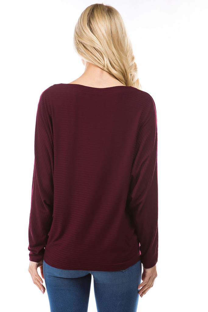 Dolman Long Sleeve Textured Stripe Top Maroon BAck APNY