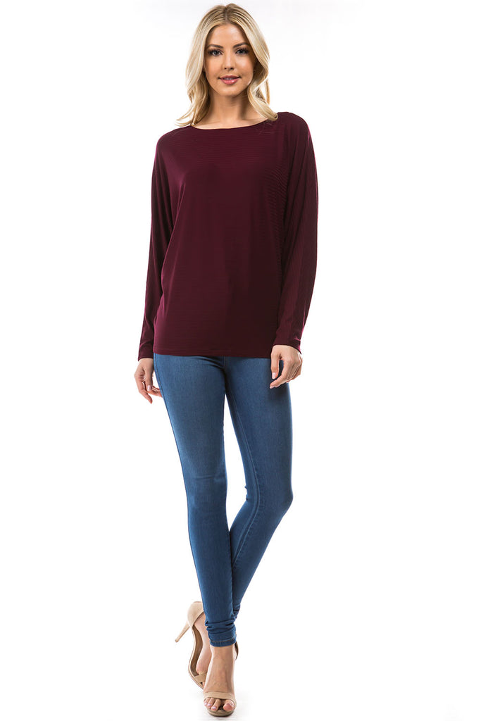 Dolman Long Sleeve Textured Stripe Top Maroon Full APNY