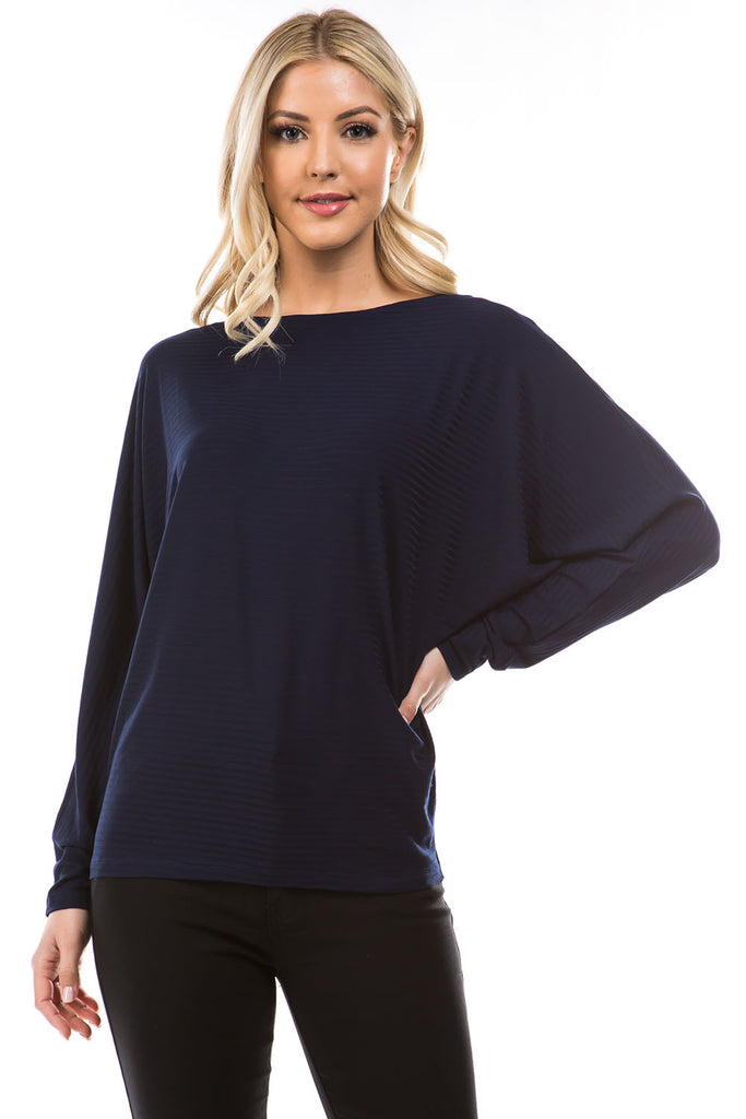 Dolman Long Sleeve Textured Stripe Top Navy Front-1 APNY