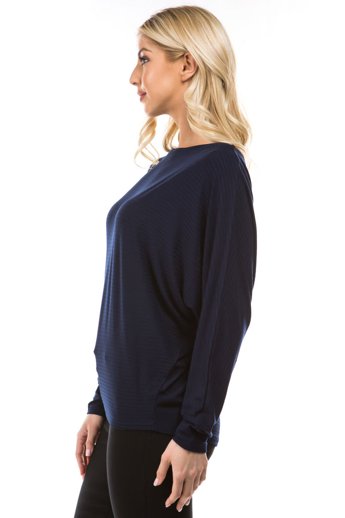 Dolman Long Sleeve Textured Stripe Top Navy Side APNY