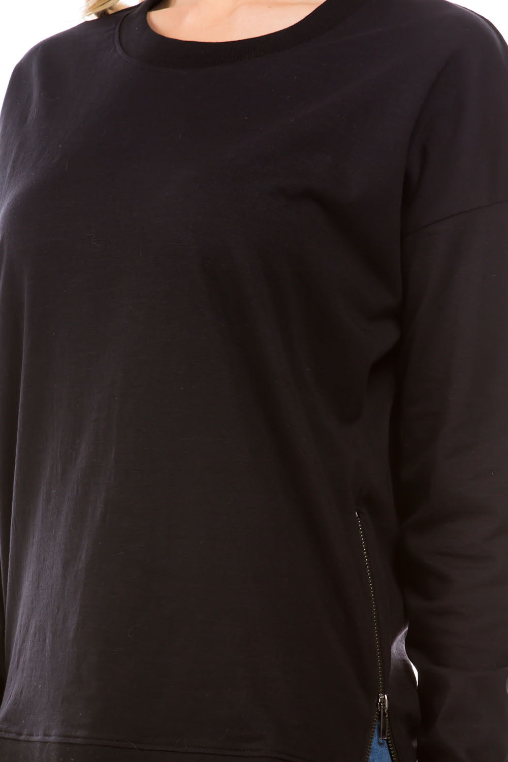 Long Sleeve Drop Shoulder Crew Neck Pullover with Side Zipper BLACK | Neck side