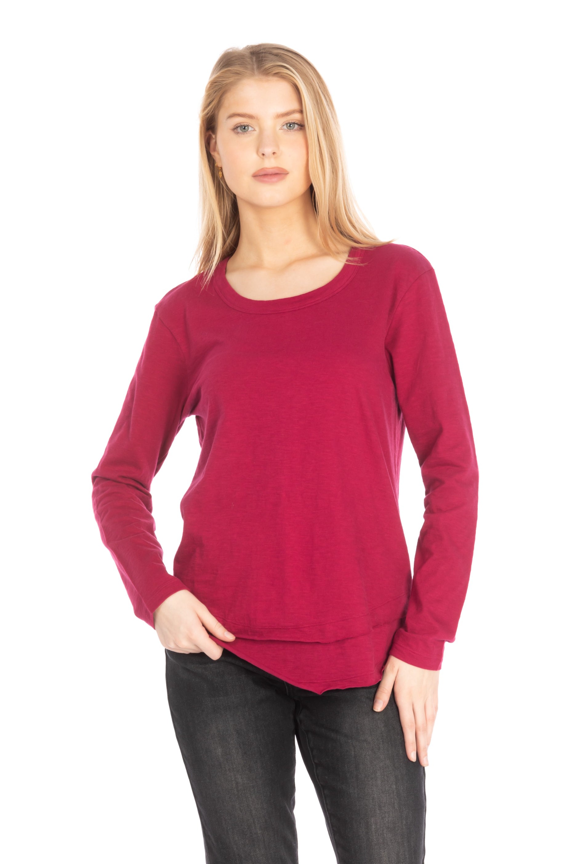 Long Sleeve With Asymmetrical Hem Red Front-2 APNY