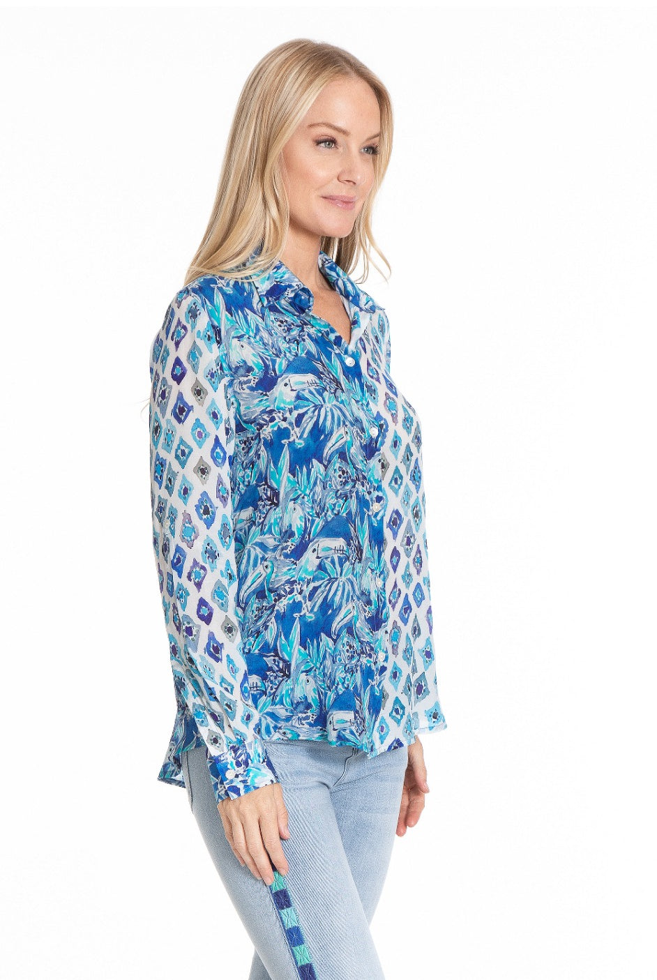 Tropical Treescape Mixed Print - Button-up with Roll up Tab Sleeve/Mix Media Side APNY