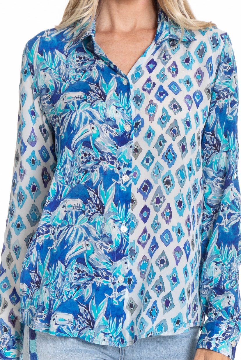 Tropical Treescape Mixed Print - Button-up with Roll up Tab Sleeve/Mix Media Neck APNY