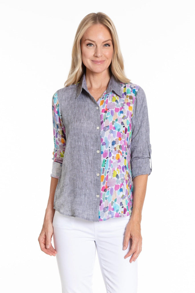 Button-up Top with Roll up Tab Sleeve/ Mix Media Front APNY