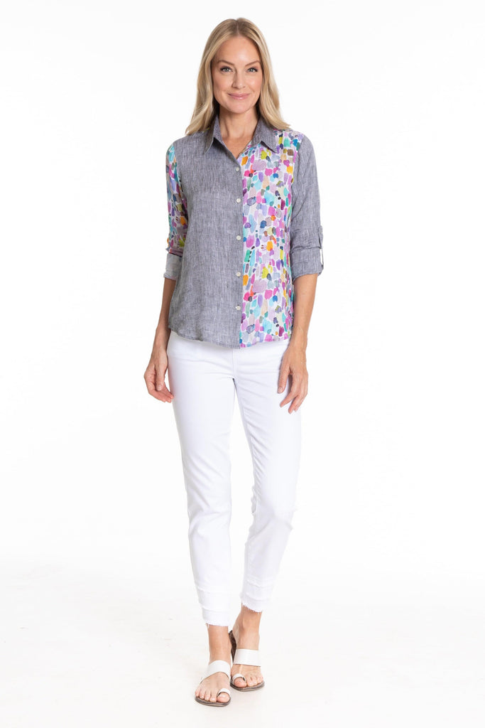 Button-up Top with Roll up Tab Sleeve/ Mix Media Full image APNY