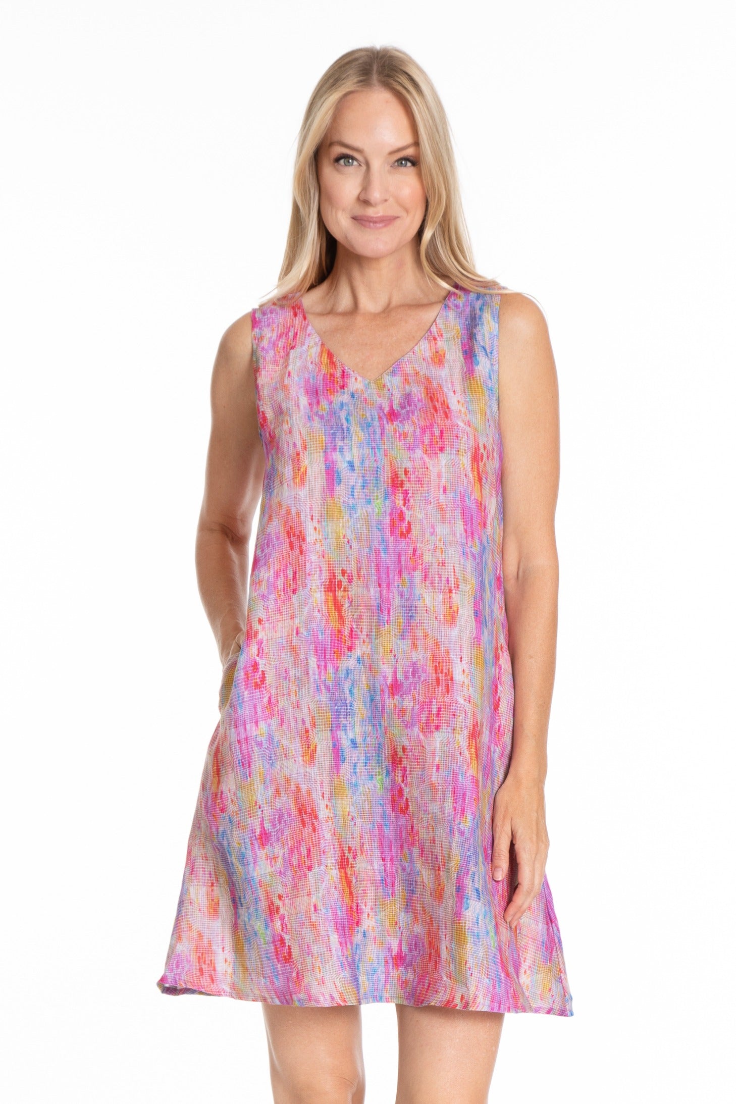 Sleeveless V-Neck Dress - Abstract Rainbow Front APNY
