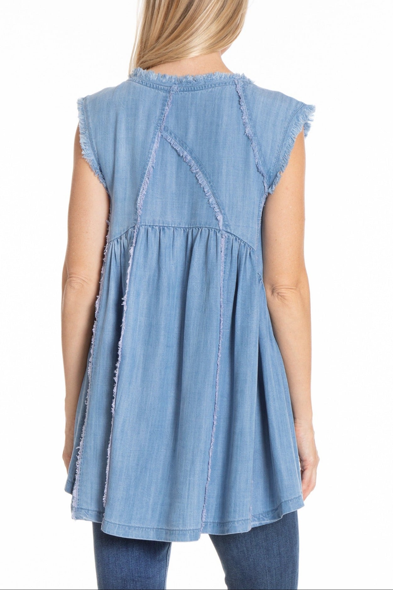 Sleeveless Patched and Frayed Tunic Dress Back APNY