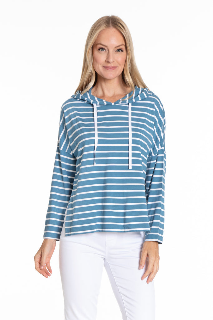 Hoodie With Side Slits Chambray/White Stripe Front APNY