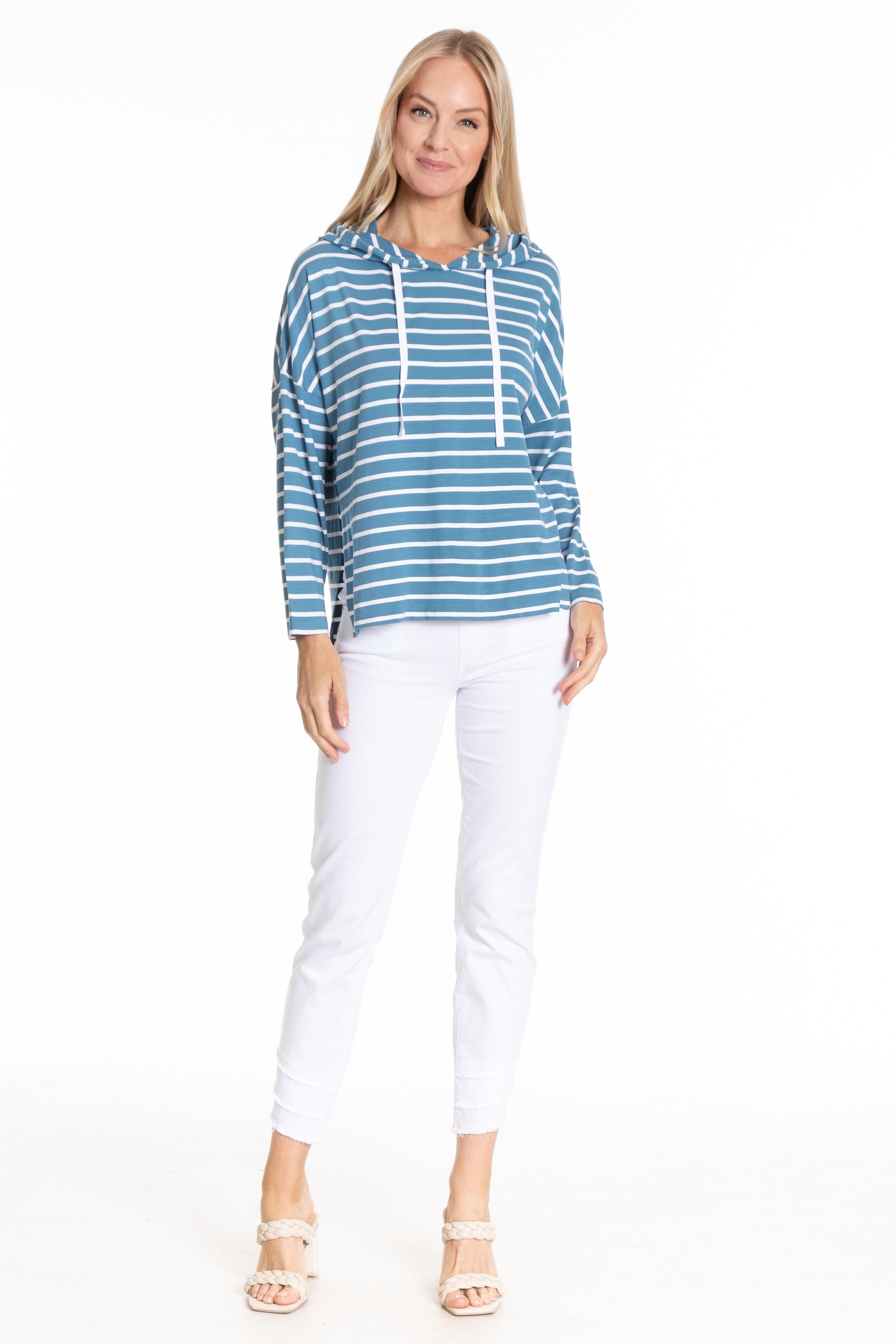 Hoodie With Side Slits -White Stripe | front side