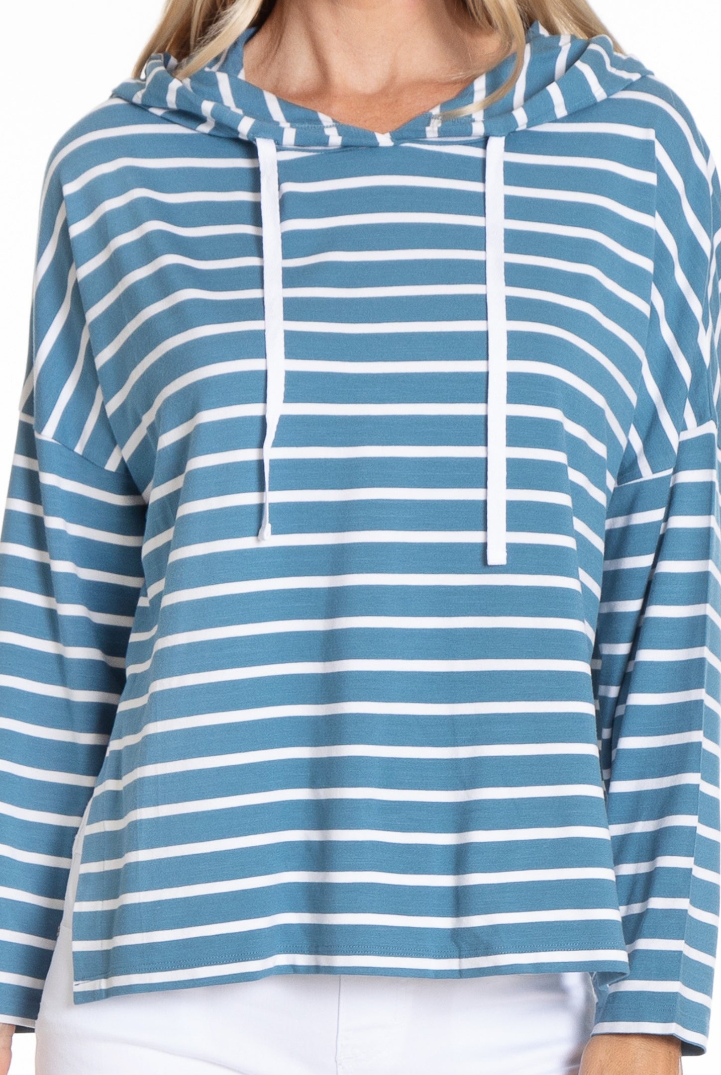 Hoodie With Side Slits Chambray/White Stripe Neck APNY
