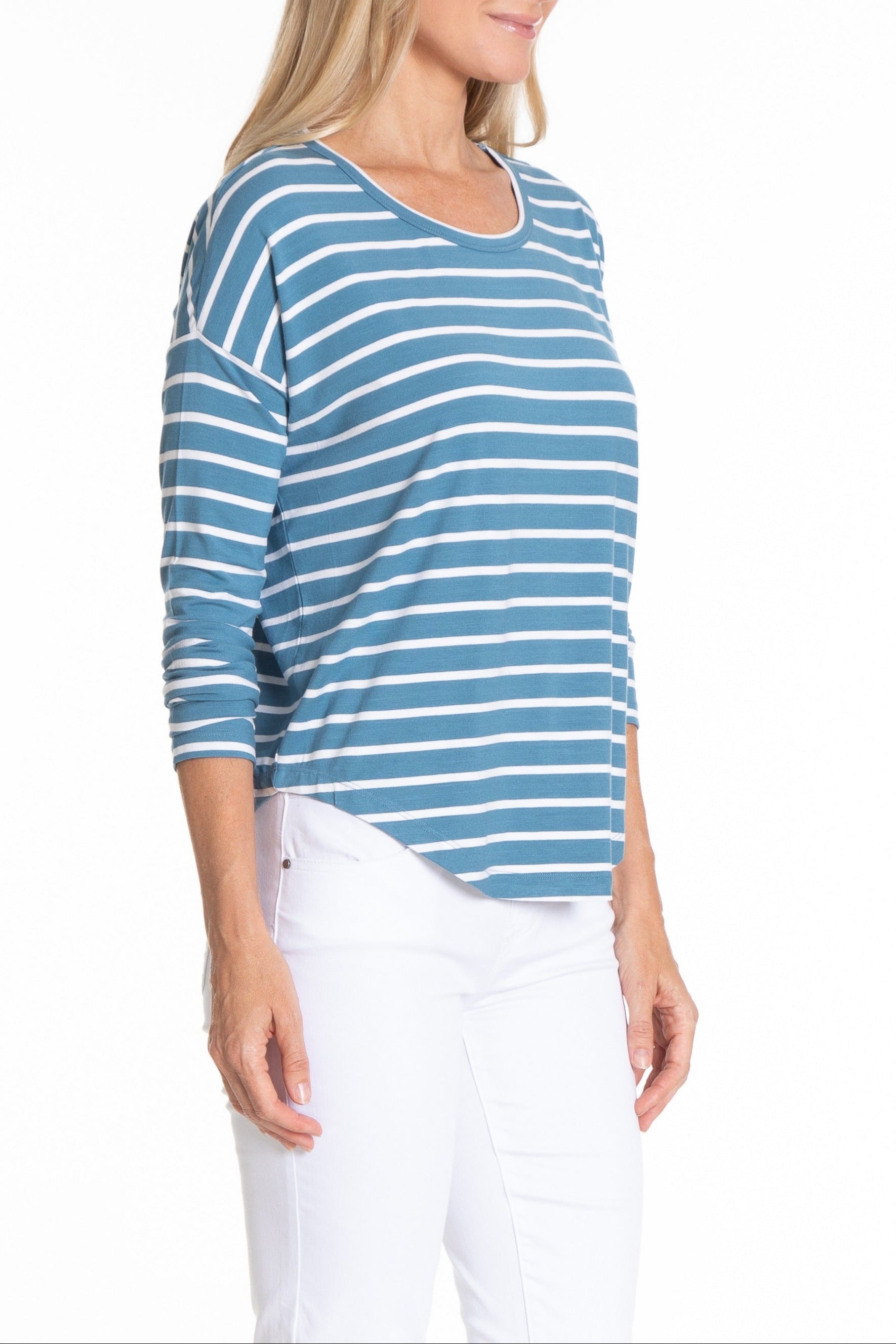 Comfy Drop Shoulder Top Chambray/White Stripe Side APNY
