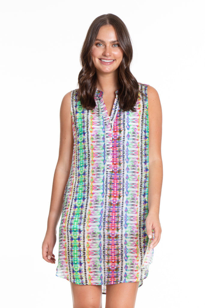Multicolor Ikat Print - Sleeveless Half Button-up Dress Front APNY