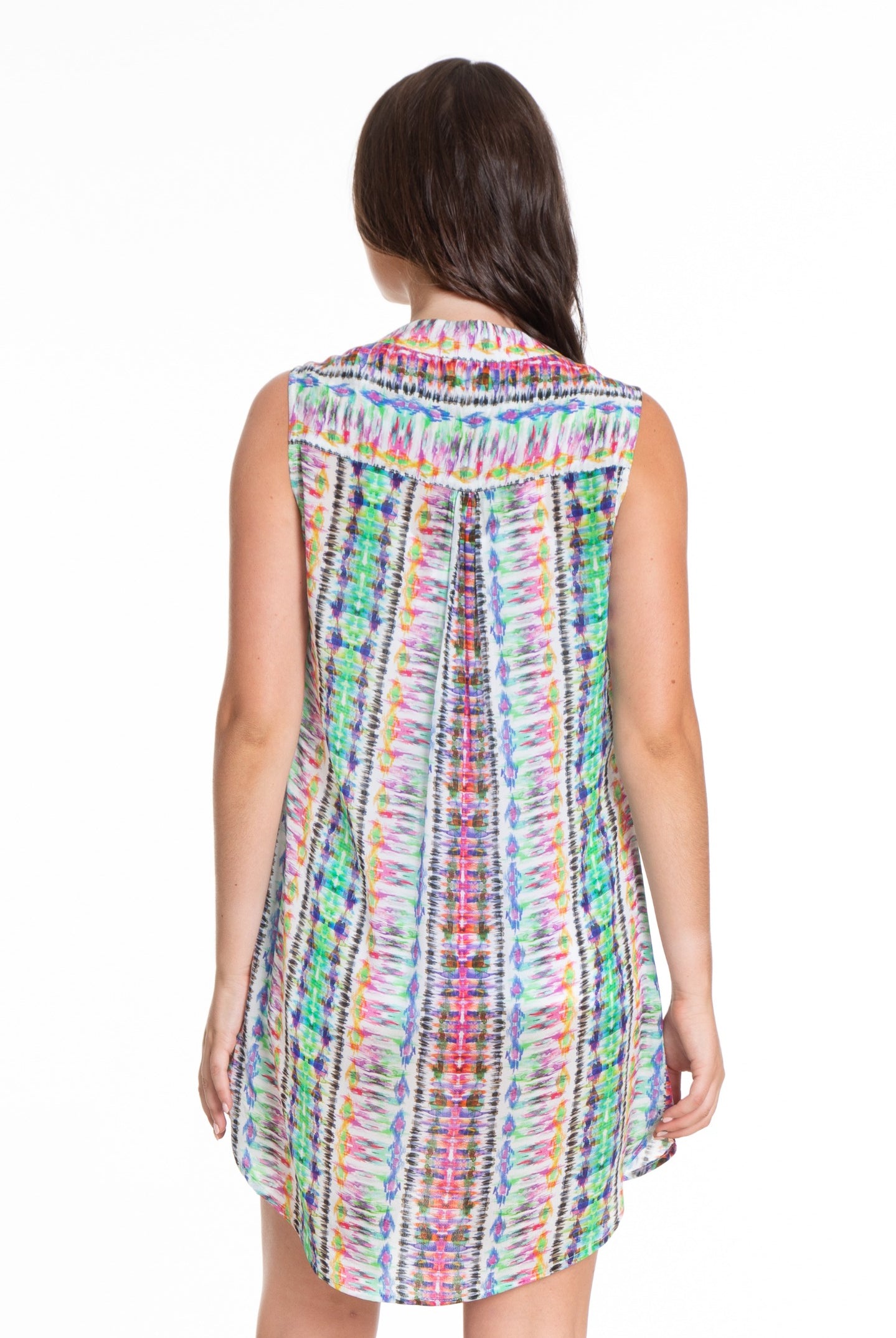 Multicolor Ikat Print - Sleeveless Half Button-up Dress Back APNY