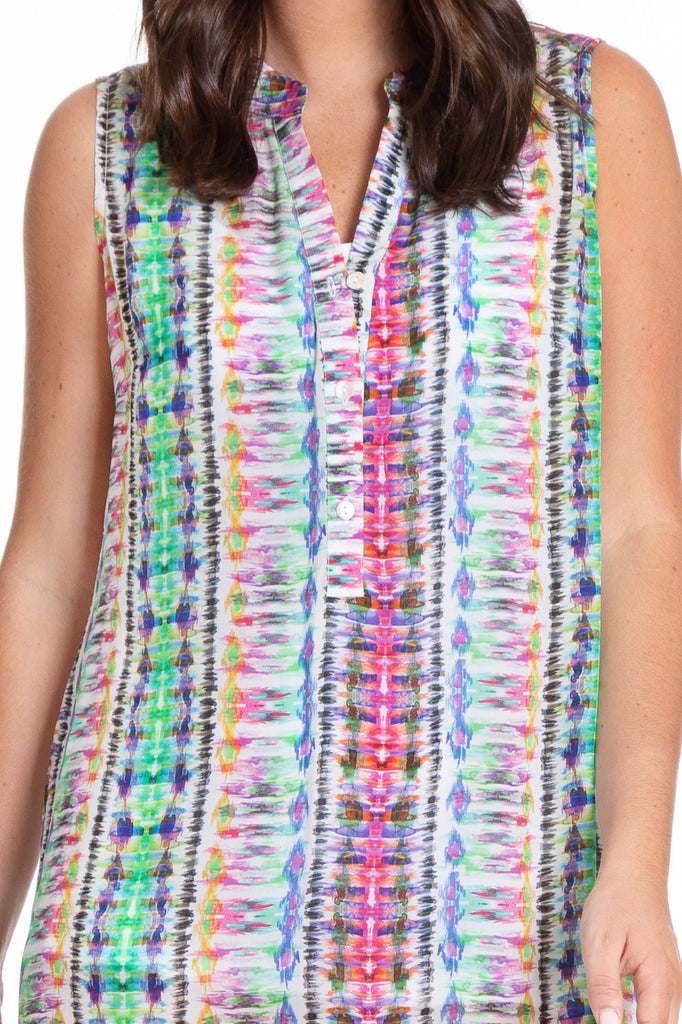 Multicolor Ikat Print - Sleeveless Half Button-up Dress Neck APNY