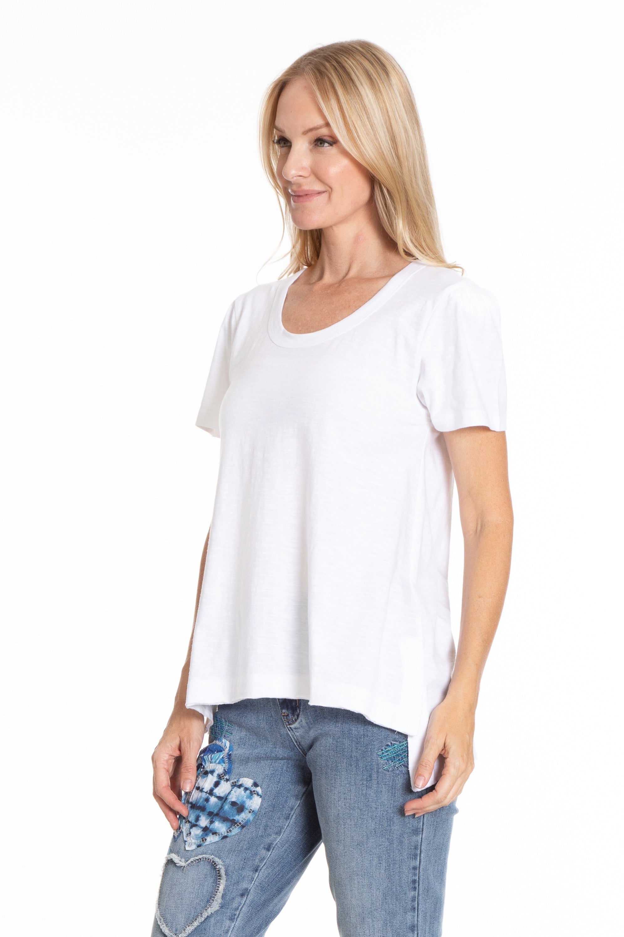 Ruched Sleeve Tee With Asym Hem White Side APNY