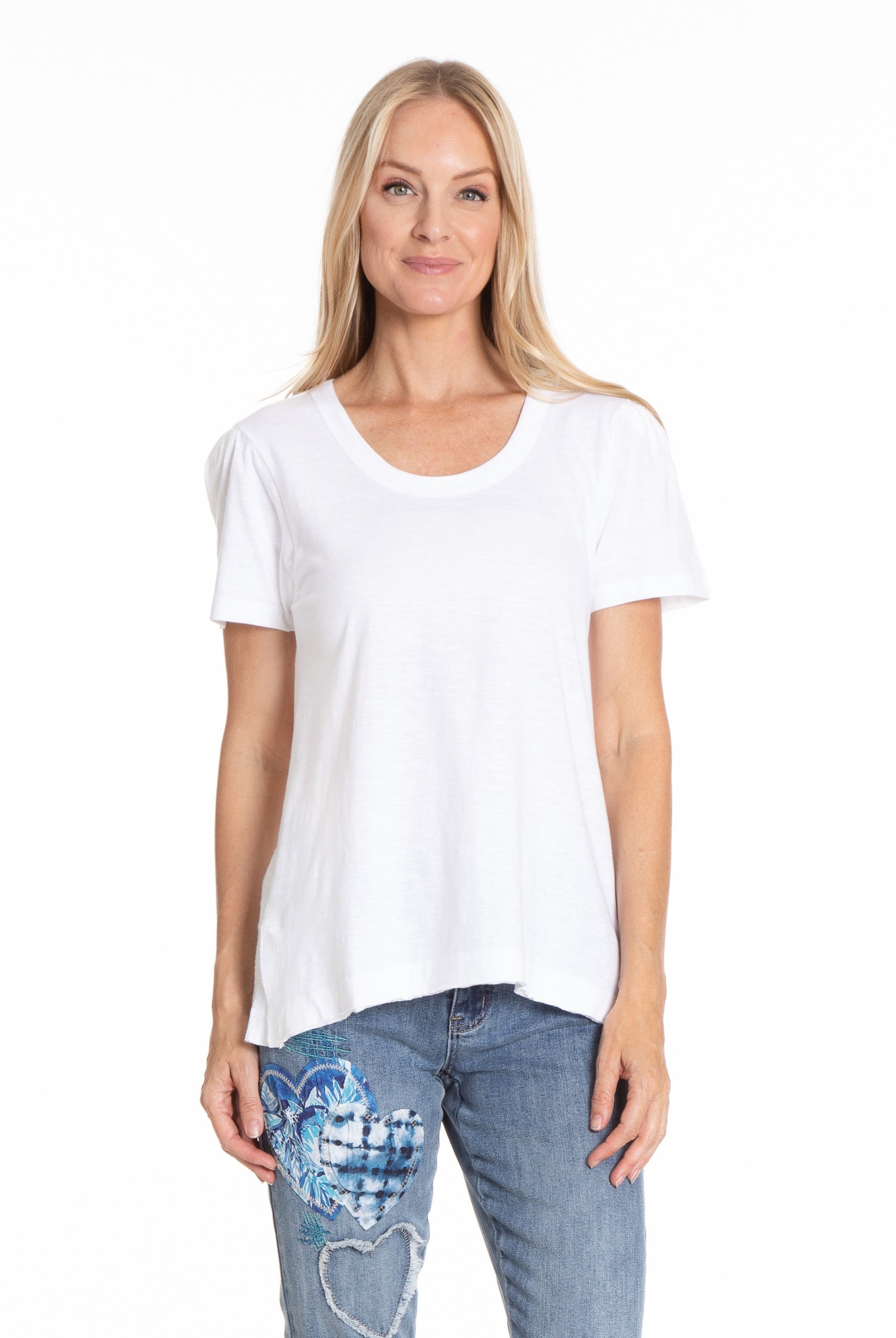 Ruched Sleeve Tee With Asym Hem White Front APNY