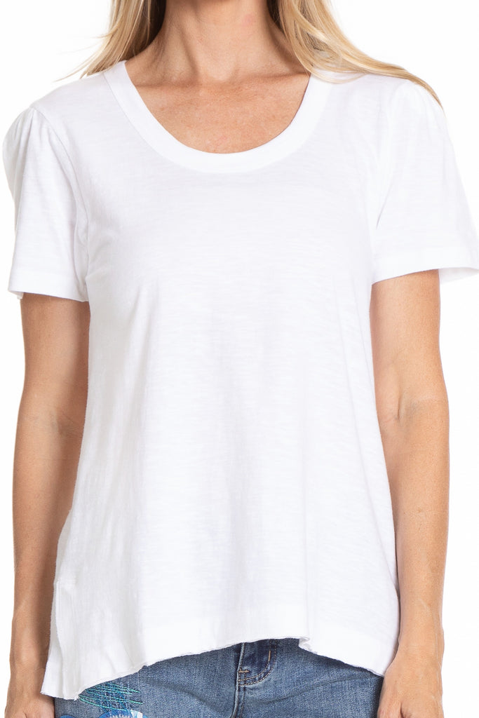 Ruched Sleeve Tee With Asym Hem White Neck APNY