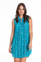 Blue Water Stripe - Sleeveless Half Button-up Dress Front APNY