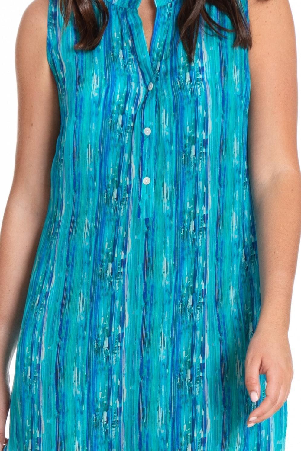 Blue Water Stripe - Sleeveless Half Button-up Dress Close  APNY