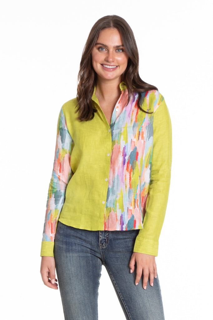 Colorful Abstract Mixed Media Print - Button-up with Roll up Tab Sleeve/Mix Media Front APNY