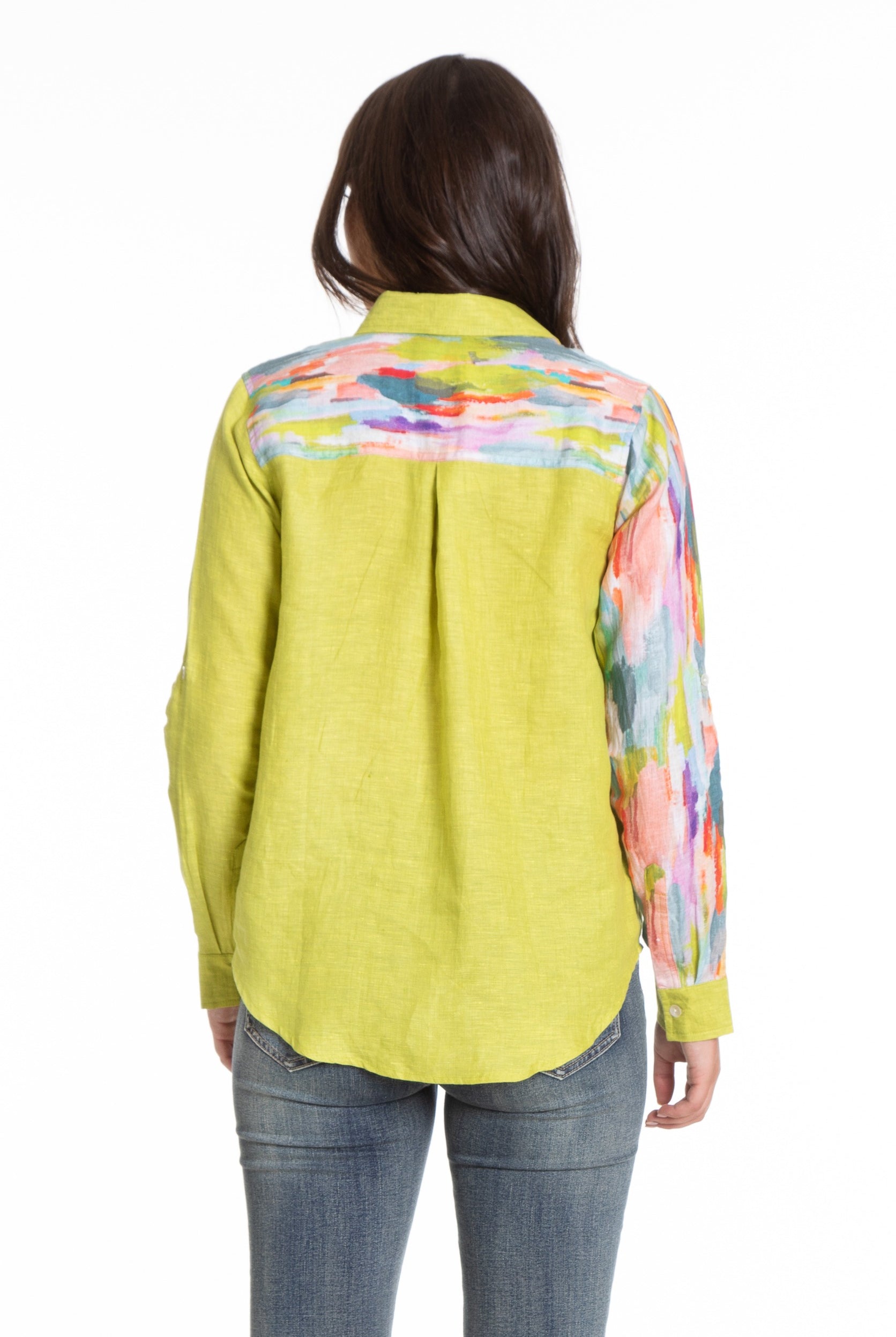 Colorful Abstract Mixed Media Print - Button-up with Roll up Tab Sleeve/Mix Media Back APNY