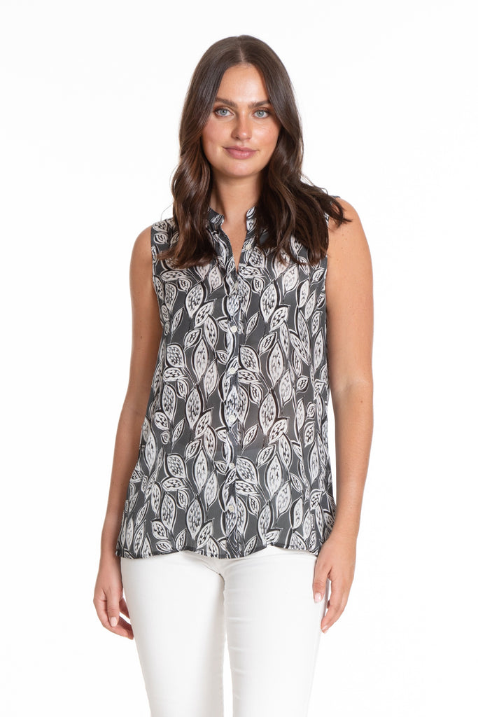 Monochrome Leaves - Button Up Tank Front APNY