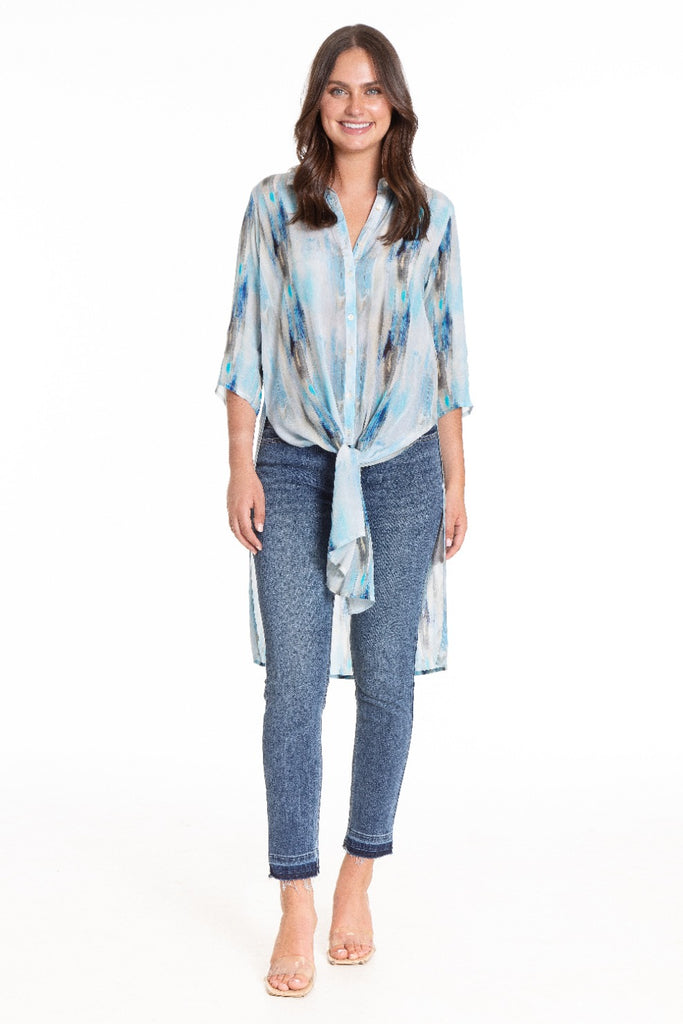 Painterly Strokes - 3⁄4 Sleeve Button-Up with Side Slits Full APNY
