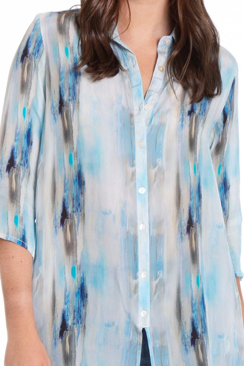 Painterly Strokes - 3⁄4 Sleeve Button-Up with Side Slits Neck APNY