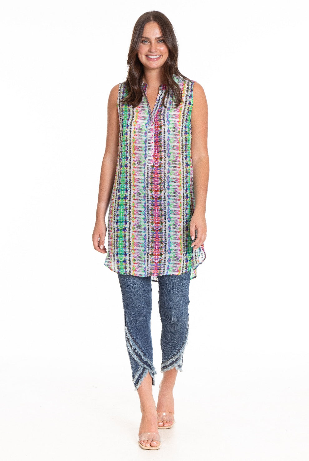 Multicolor Ikat Print - Sleeveless Half Button-up Dress Full-1 APNY