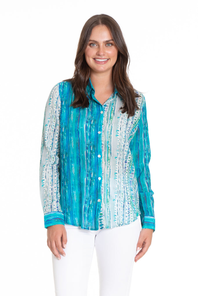 Sea Breeze Mixed Print - Button-up with Roll up Tab Sleeve/Mix Media Front  APNY