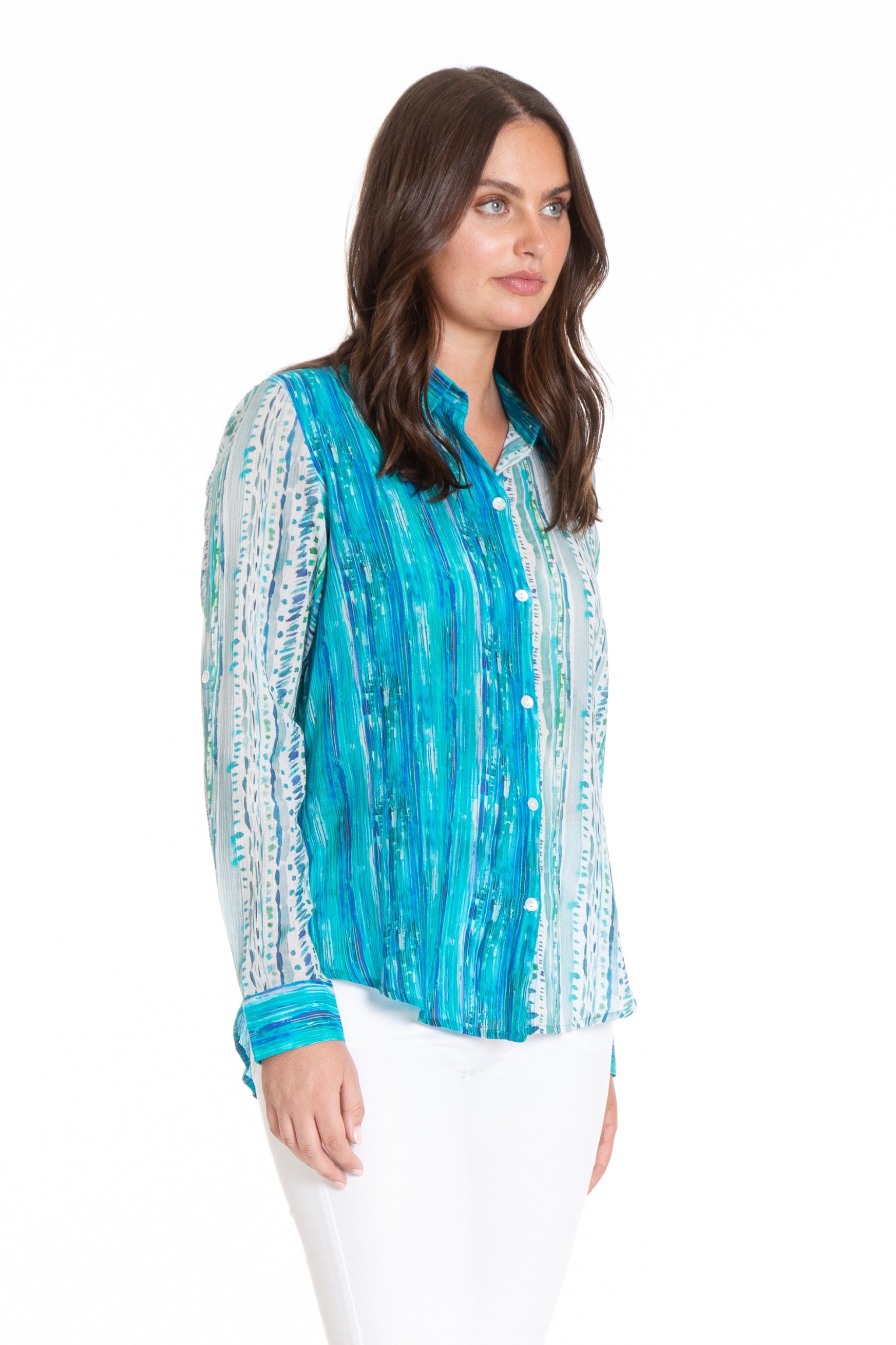 Sea Breeze Mixed Print - Button-up with Roll up Tab Sleeve/Mix Media Side APNY
