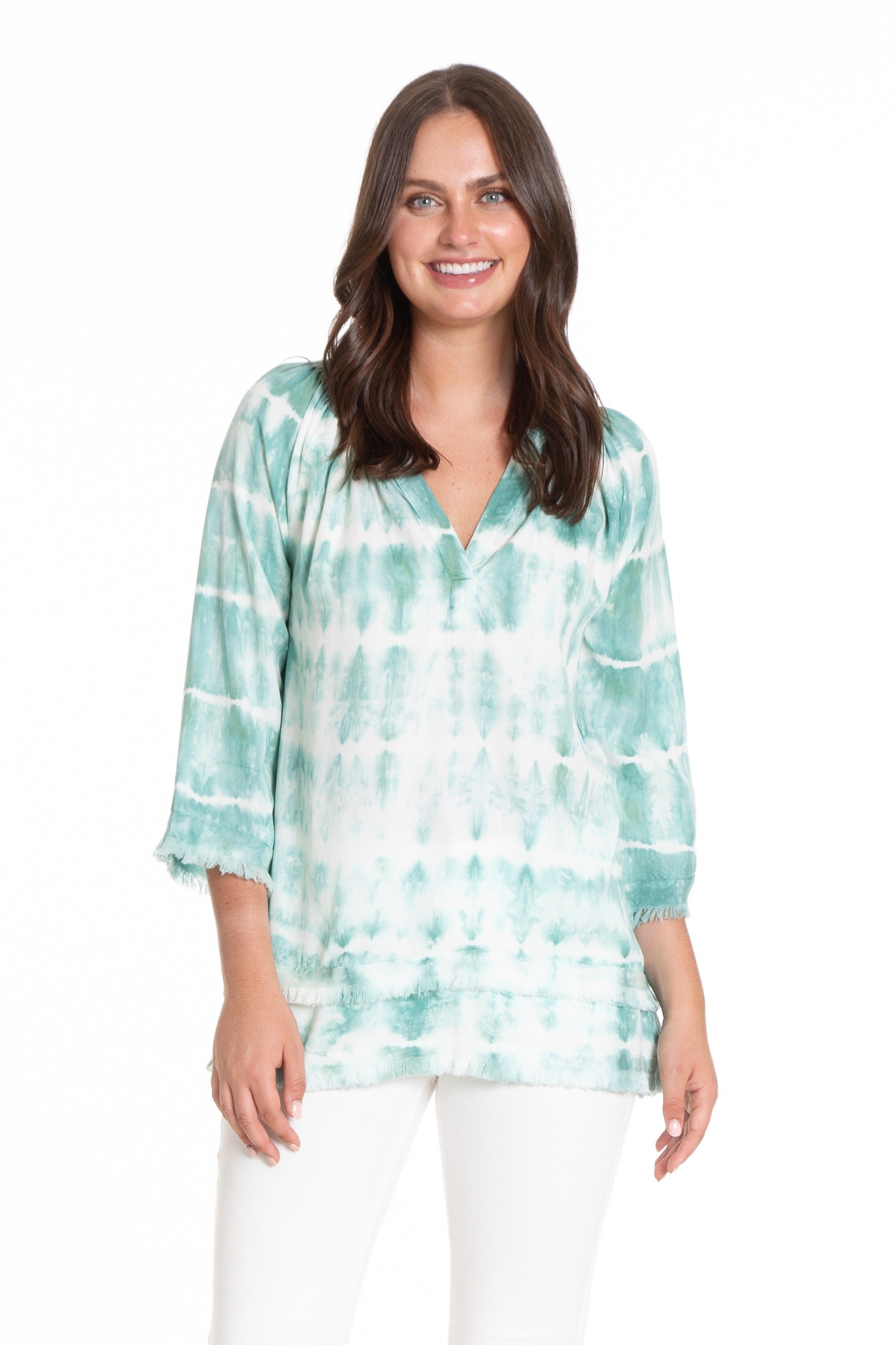 Smock Neck Tunic With Frayed Seams Front APNY