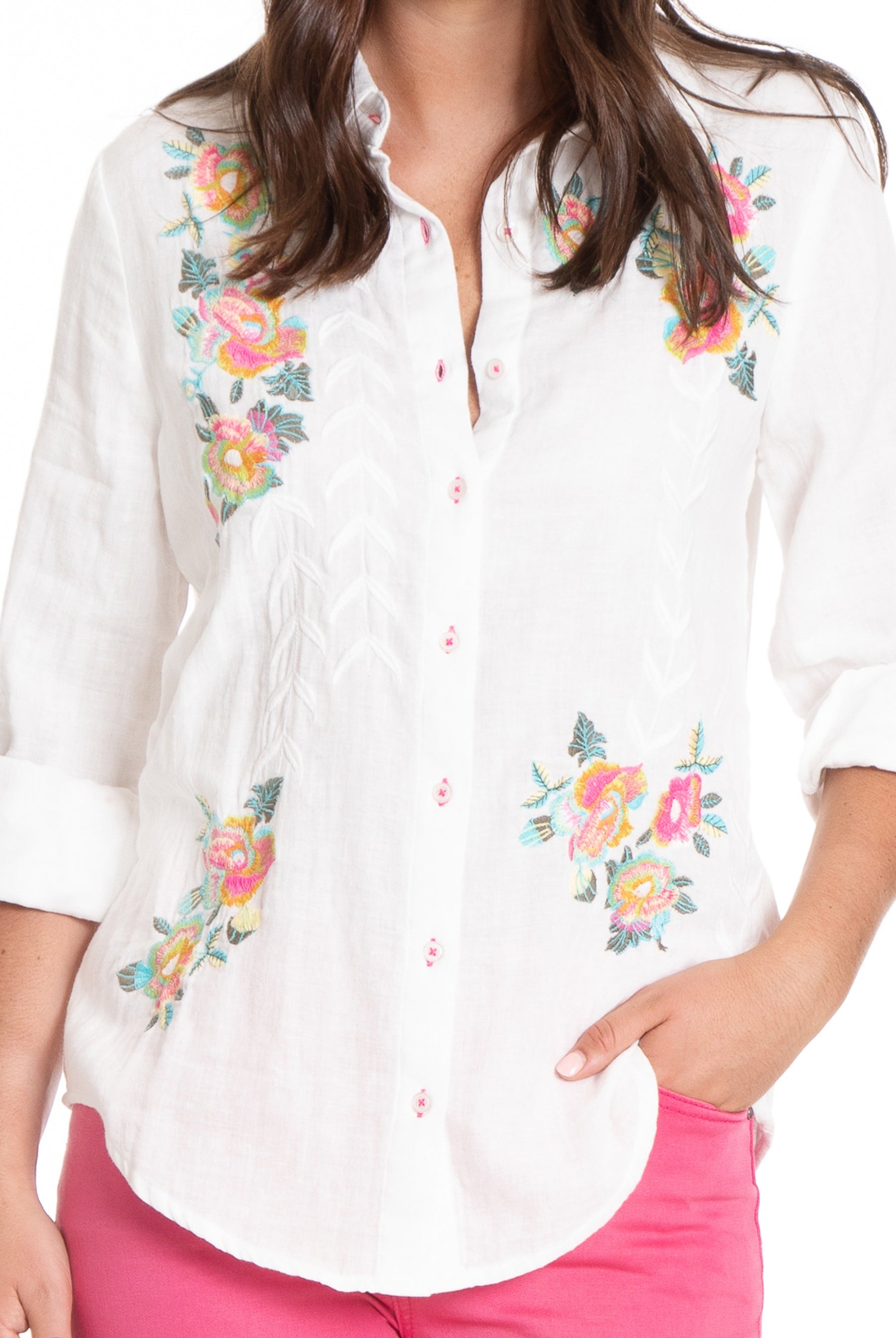 Floral Embroidered Button Down Shirt Neck APNY