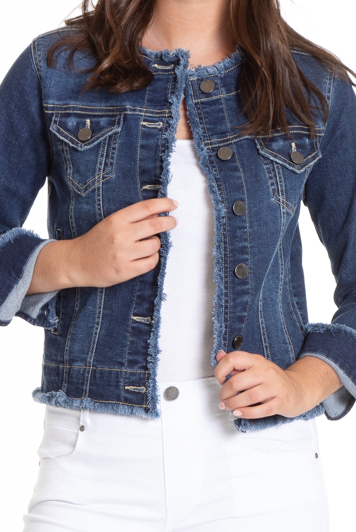 Collarless Jean Jacket with Frayed Detail APNY