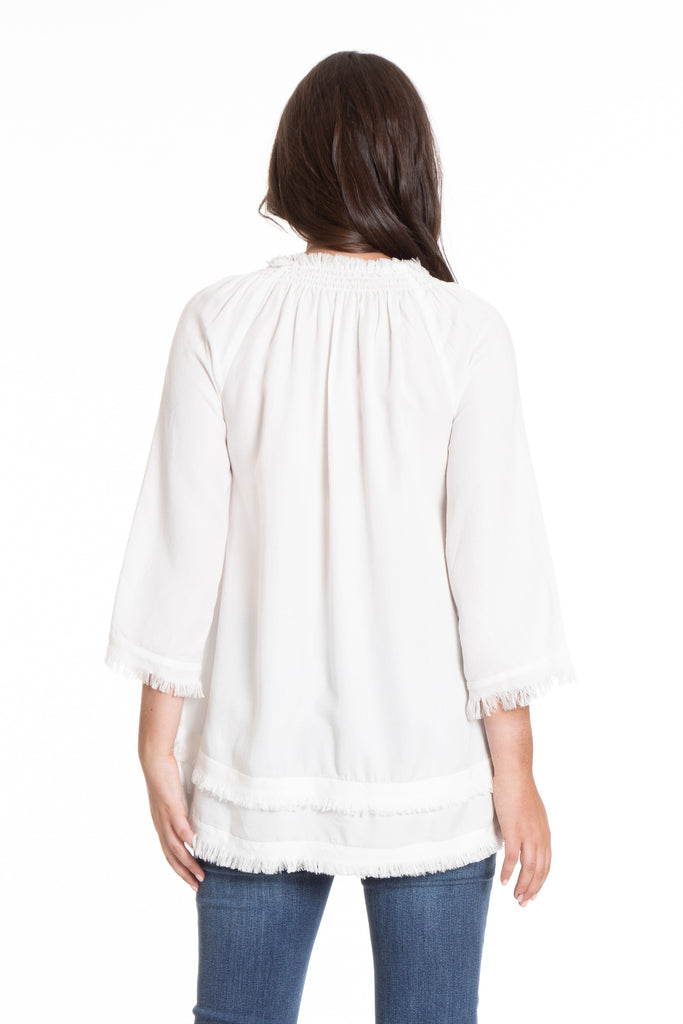 Smock Neck Tunic With Frayed Seams Indigo & White White Back APNY