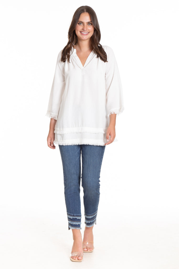 Smock Neck Tunic With Frayed Seams Indigo & White White Full APNY