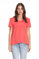 Ruched Sleeve Tee With Asym Hem Coral Front APNY