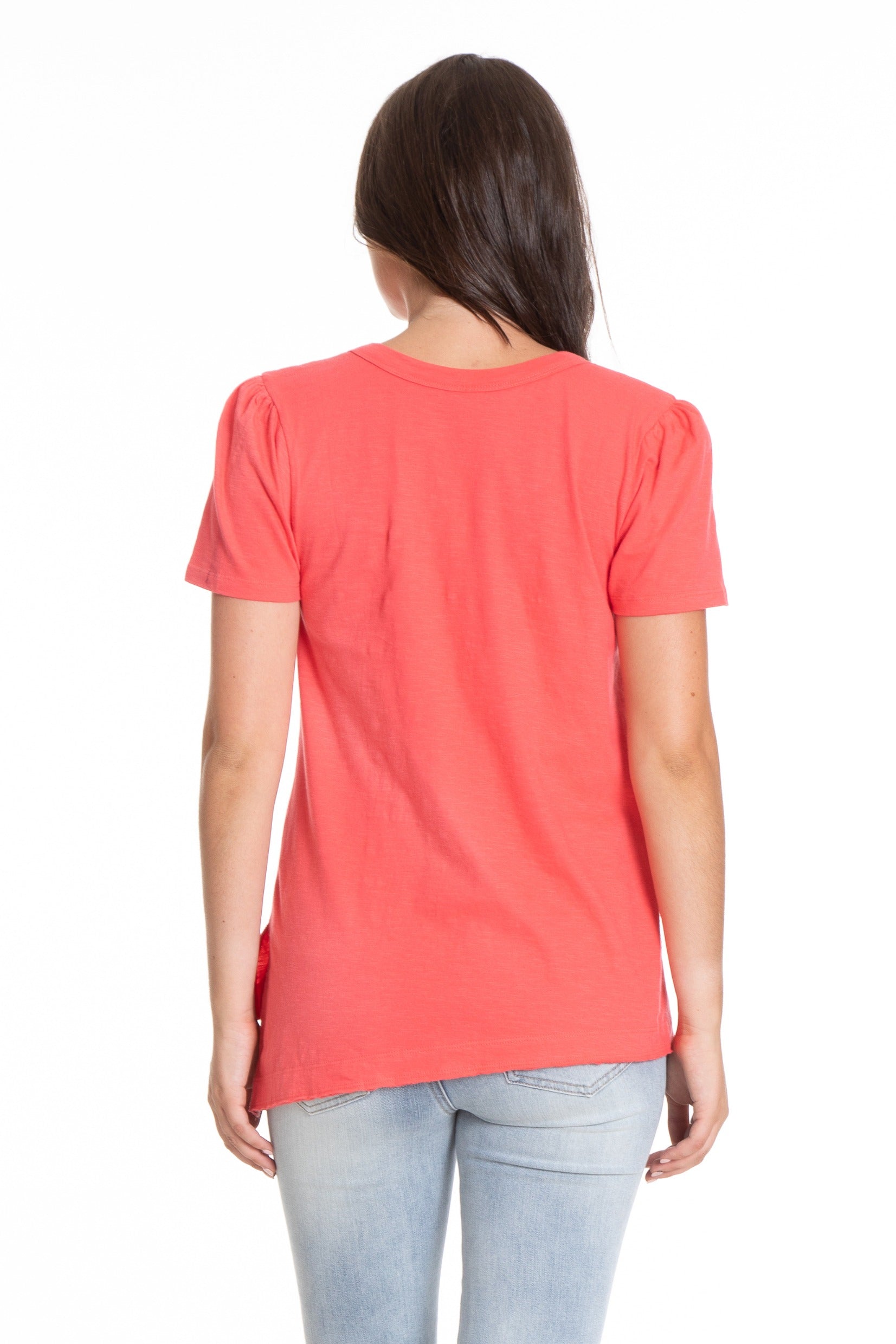 Ruched Sleeve Tee With Asym Hem coral back APNY