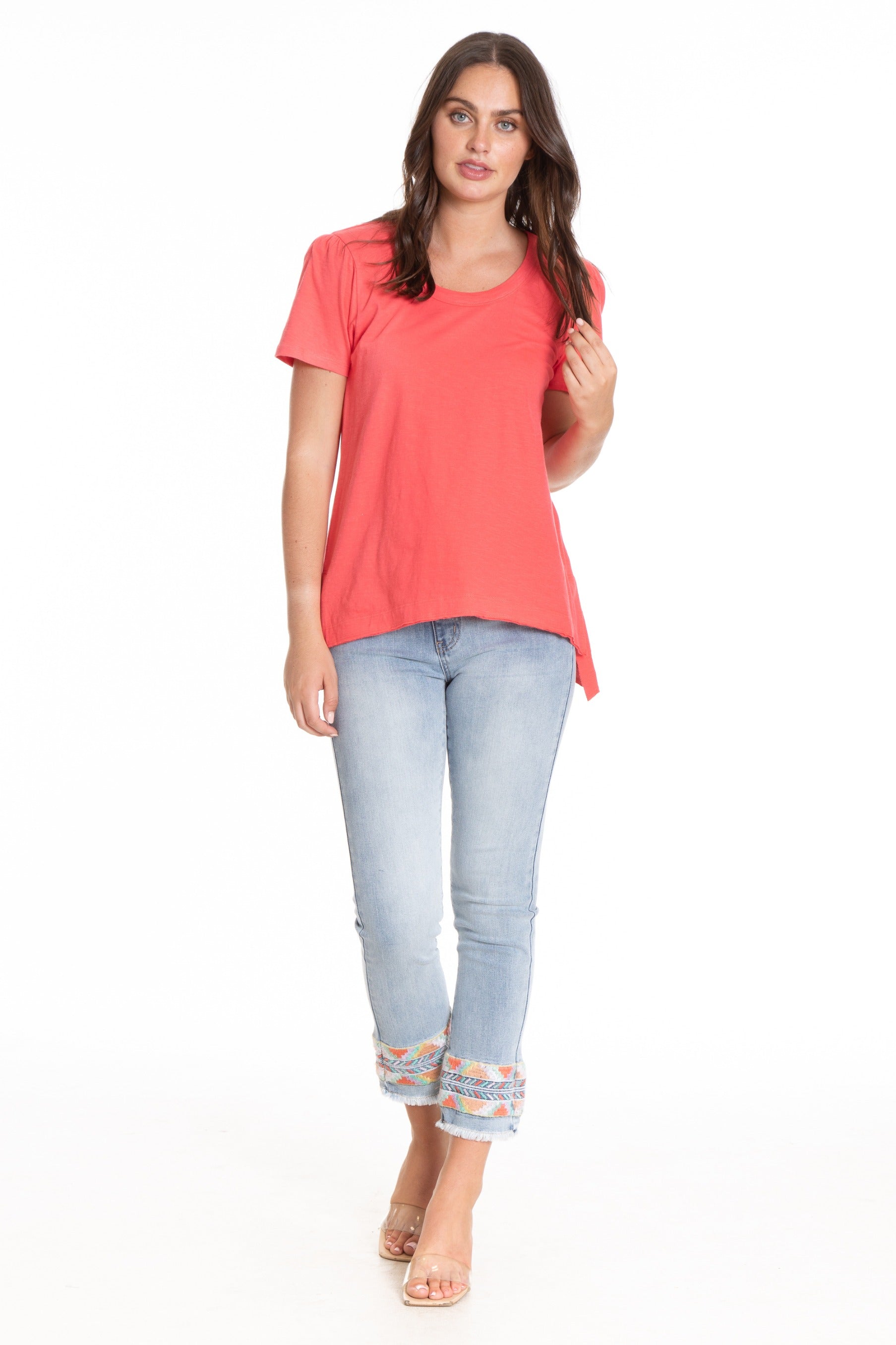 Ruched Sleeve Tee With Asym Hem Coral full APNY