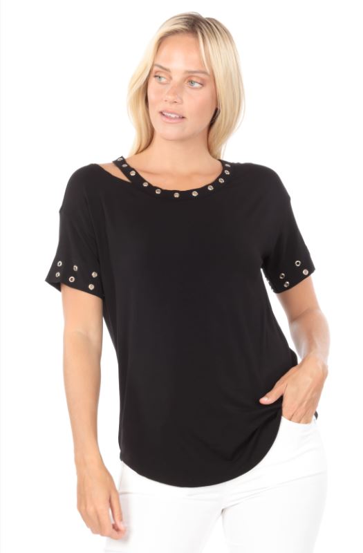 Grommet Tee With Shoulder Opening Black Front APNY