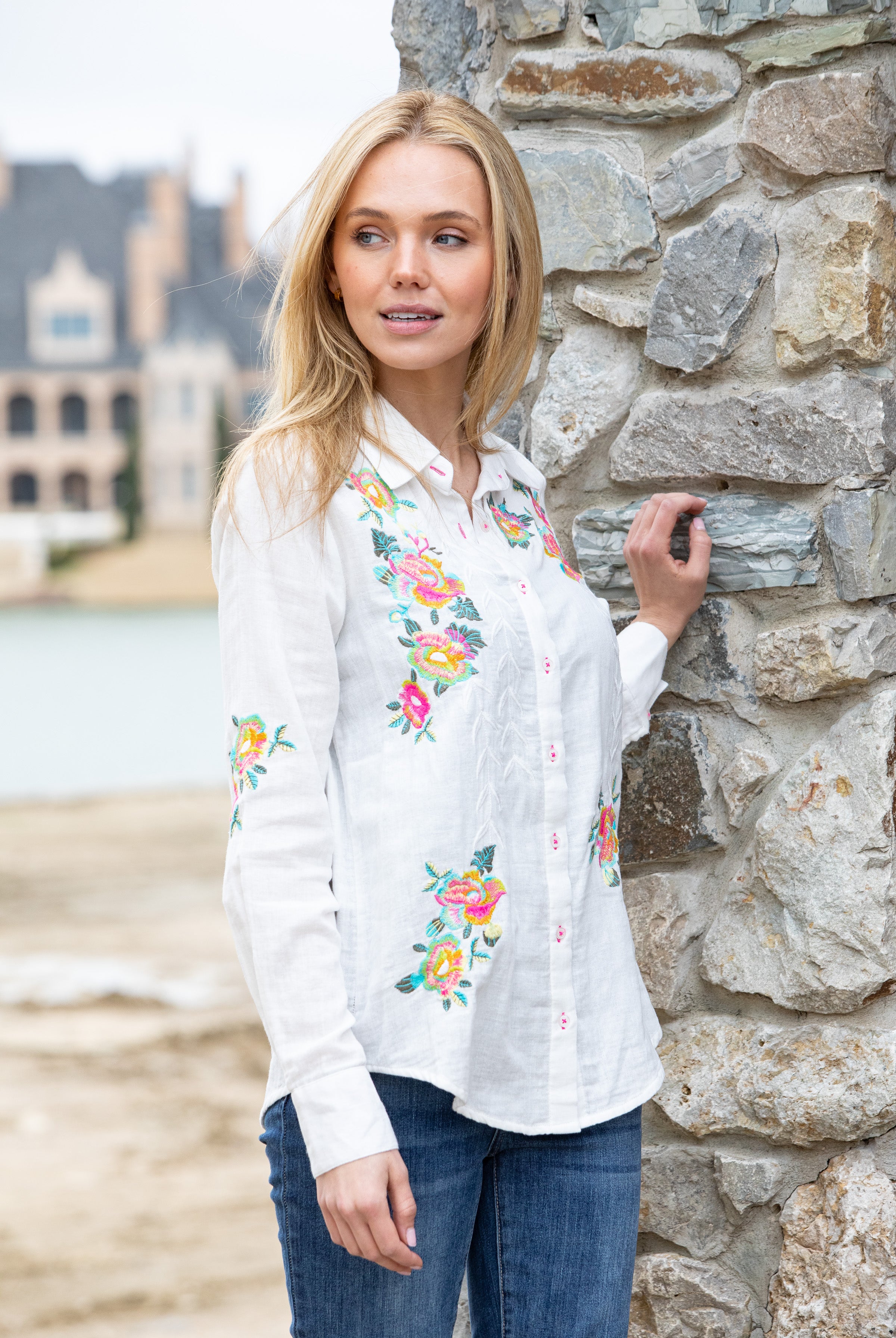 Floral Embroidered Button Down Shirt Side APNY